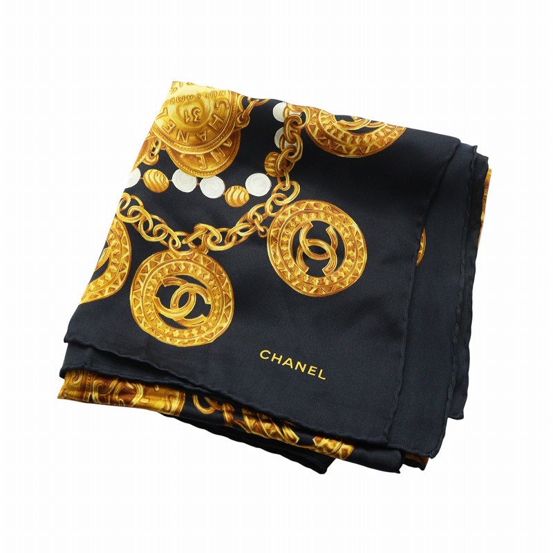 シャネルスカーフ ゴールドチェーン ココマーク 大判スカーフ シルク CHANEL - 美品 CHANEL シャネル ココマーク ロゴ チェーン 大判