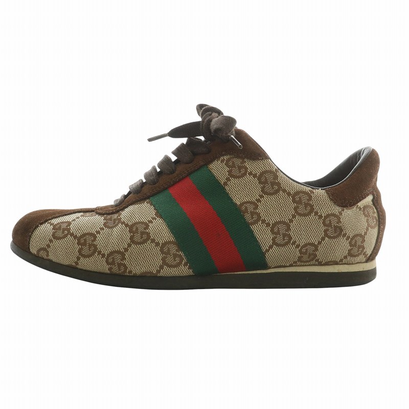 【中古】グッチ GUCCI スニーカー キャンバス スエード ローカット GG柄 シェリーライン 総柄 34 21cm 茶色 117706 グッチ GUCCI スニーカー キャンバス スエード ローカット GG柄