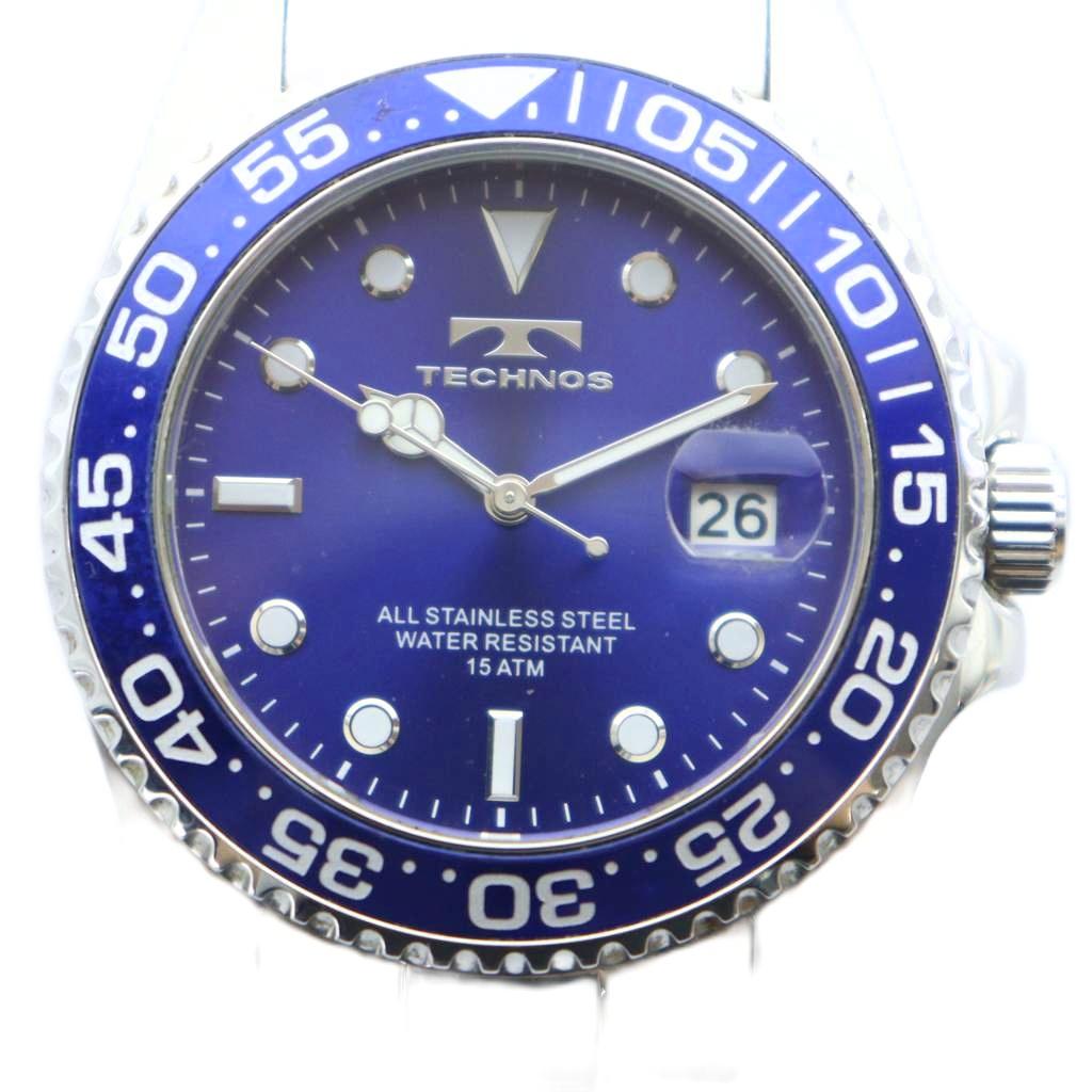 TECHNOS 手巻き時計 テクノス TECHNOS 腕時計 ウォッチ クォーツ カレンダー付き 青文字盤