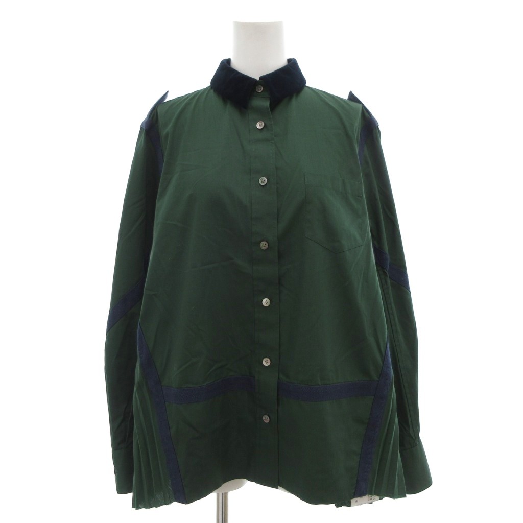 サカイ sacai シャツ ブラウス プリーツ 襟ベロア切替 長袖 緑 