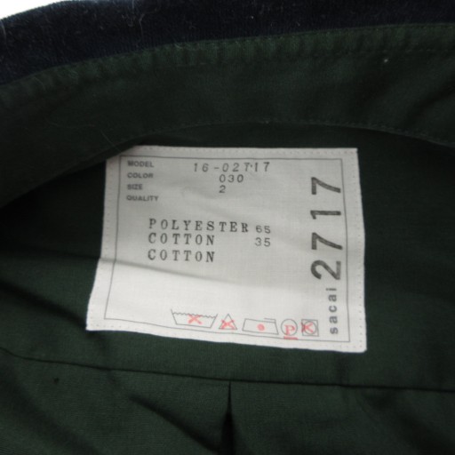 サカイ sacai シャツ ブラウス プリーツ 襟ベロア切替 長袖 緑