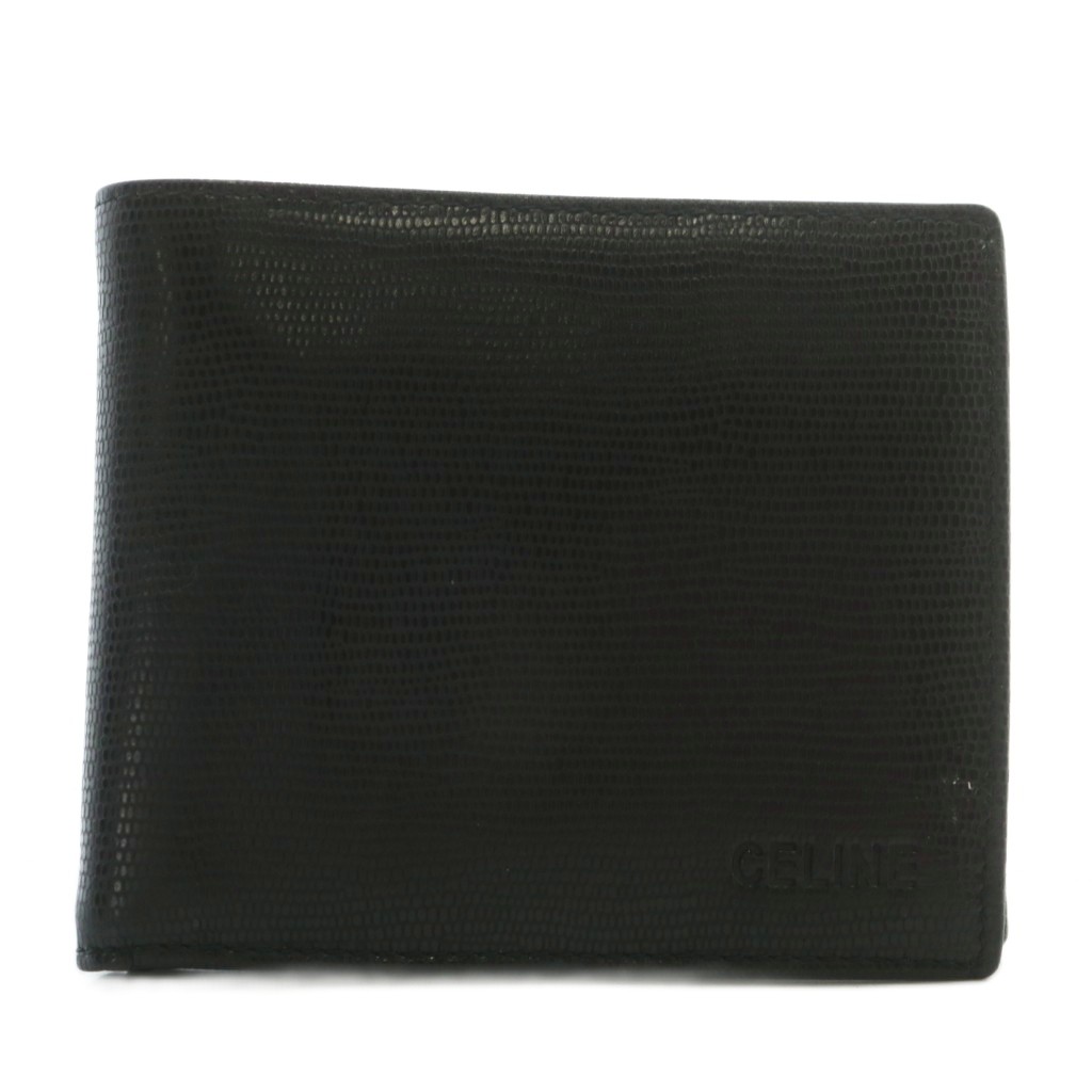 CELINE ブラックレザー 二つ折り財布 セリーヌ CELINE 財布 二つ折り レザー リザード型押し ロゴ 黒