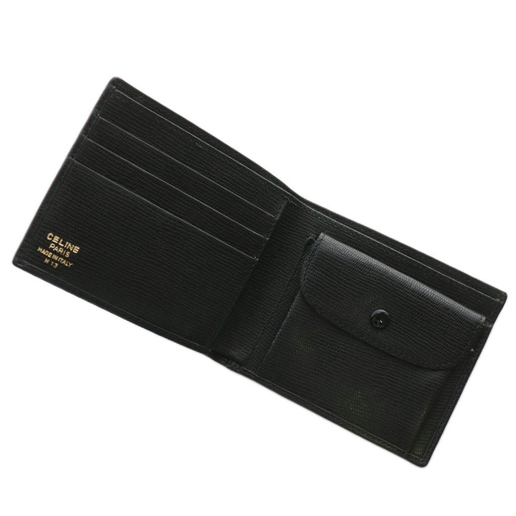 CELINE ブラックレザー 二つ折り財布 セリーヌ CELINE 財布 二つ折り レザー リザード型押し ロゴ 黒