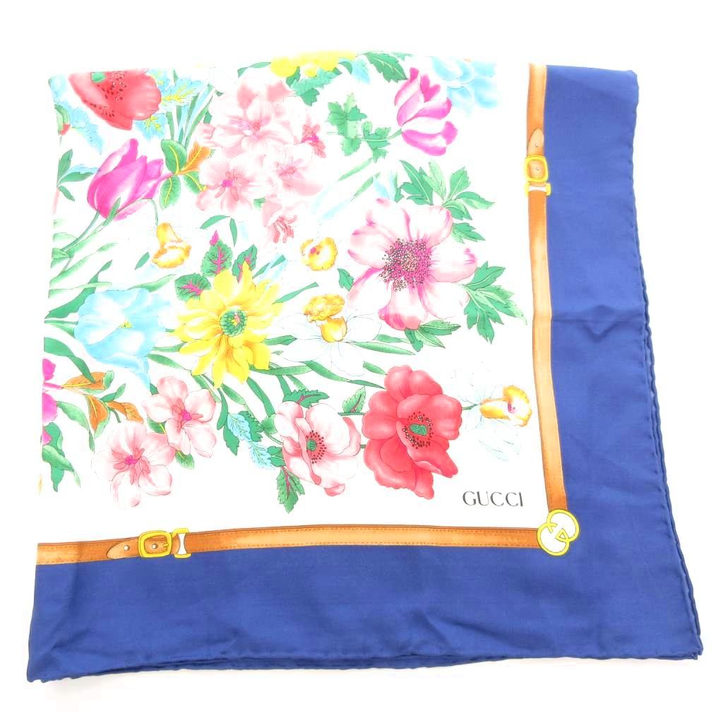 GUCCI グッチ 大判 スカーフ ブルー 青 ホワイト 白 フラワー 花柄