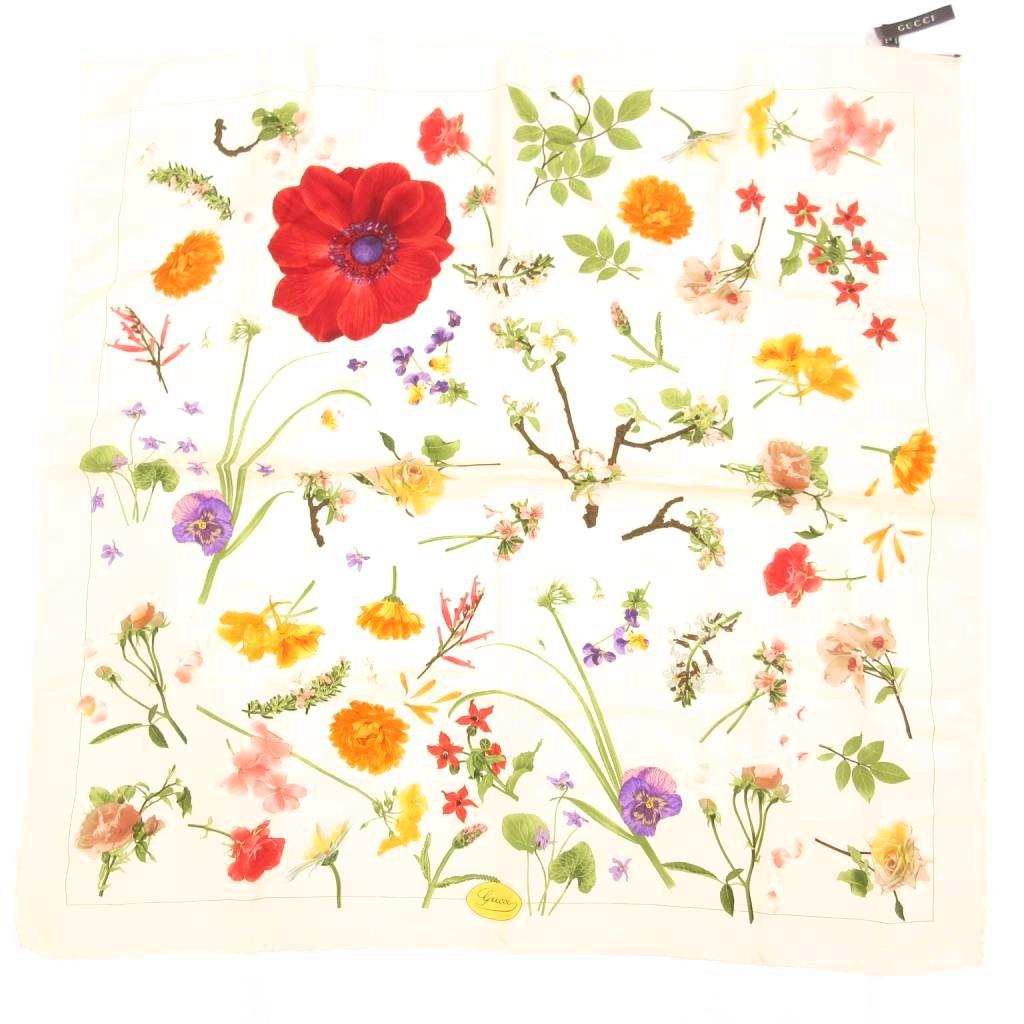 グッチ GUCCI スカーフ 絹 シルク 花柄 クリームカラー /UO □GY18  