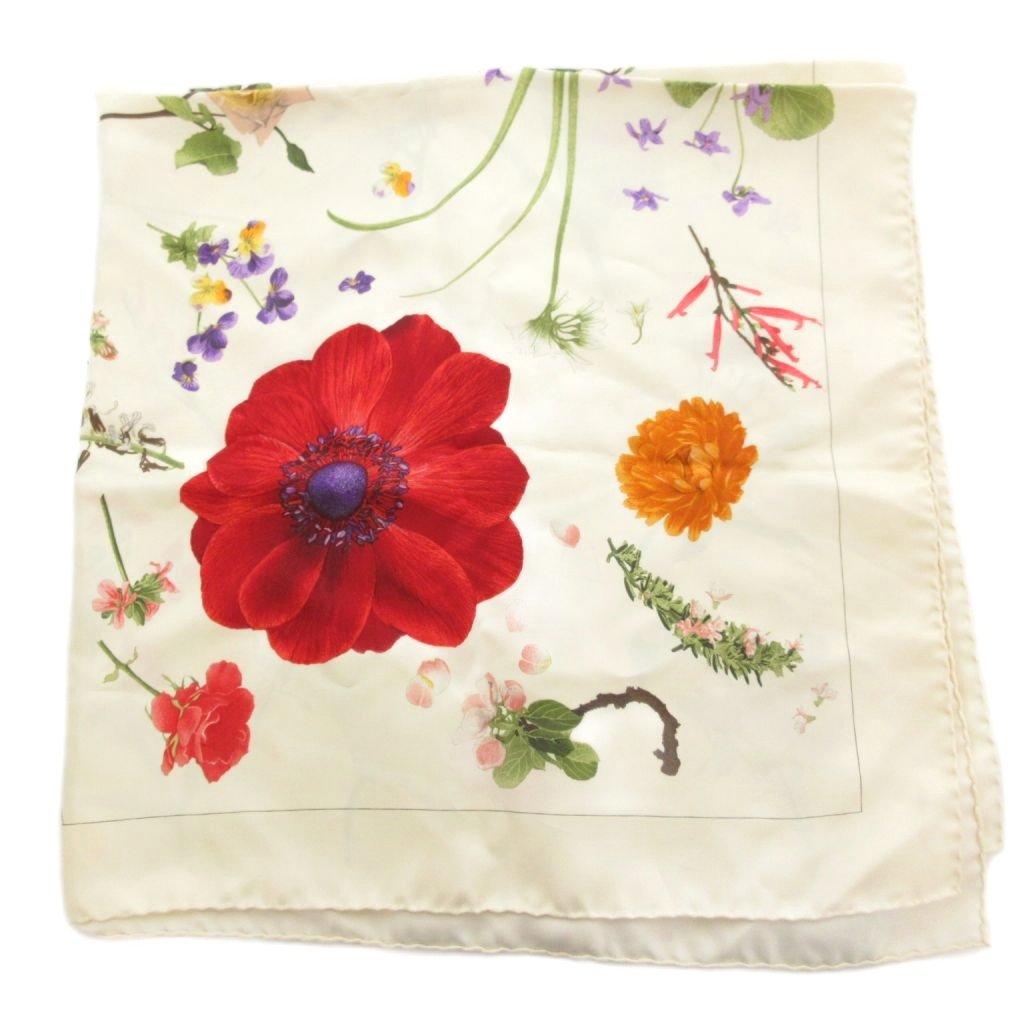 グッチ GUCCI スカーフ 絹 シルク 花柄 クリームカラー /UO □GY18  