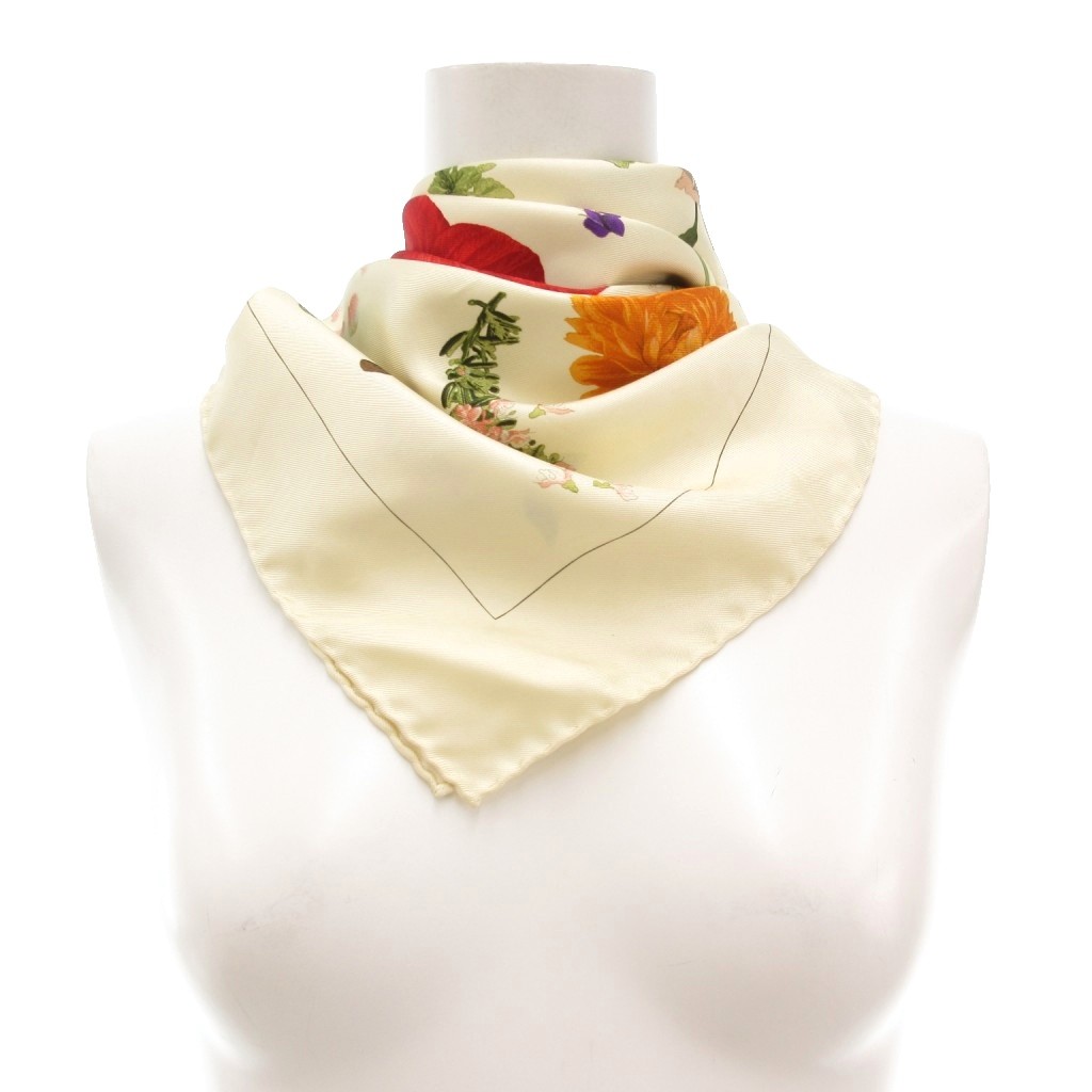 グッチ GUCCI スカーフ 絹 シルク 花柄 クリームカラー /UO □GY18  