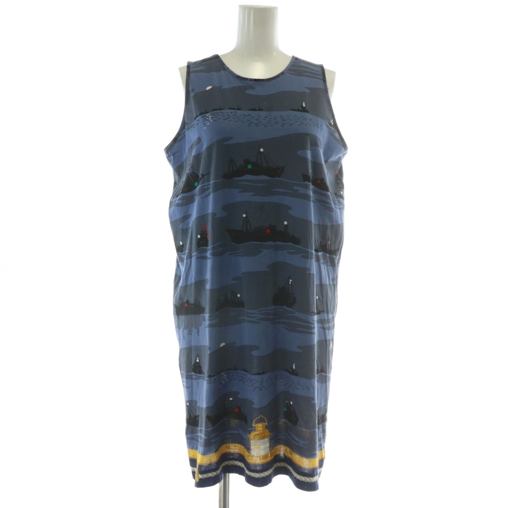 【中古】エルメス HERMES OUVRARD&VILLARS ワンピース ノースリーブ ひざ丈 ヨット 船 海 総柄 紺 ネイビー エルメス HERMES OUVRARD&VILLARS ワンピース ノースリーブ ひざ丈