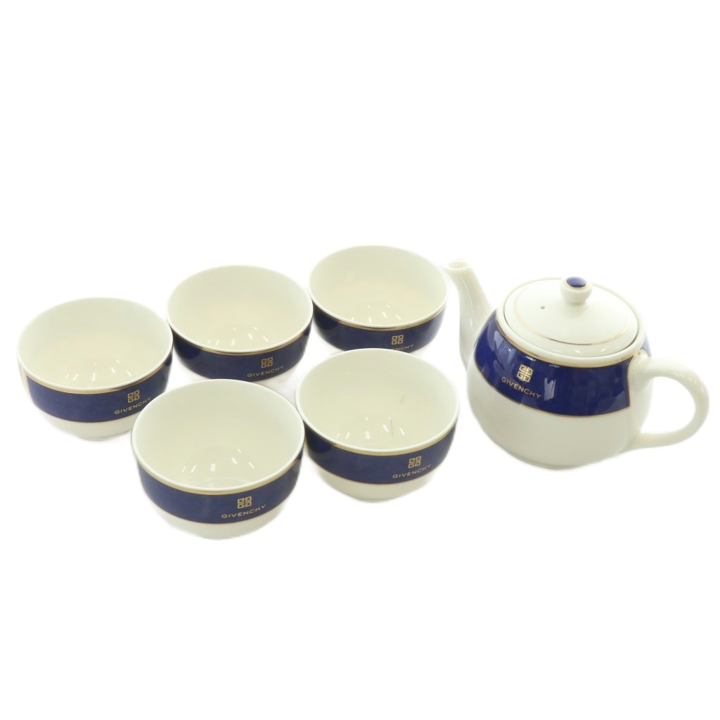 Givenchy 食器セット カゴ付き‼️ホワイト ブルー ジバンシィ GIVENCHY 茶器セット 急須 ティーポット カップ 湯呑み 5個