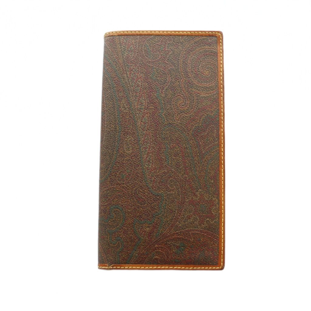エトロ ETRO 二つ折り財布 ウォレット 長財布 PVC レザー ロゴ 総柄 茶 