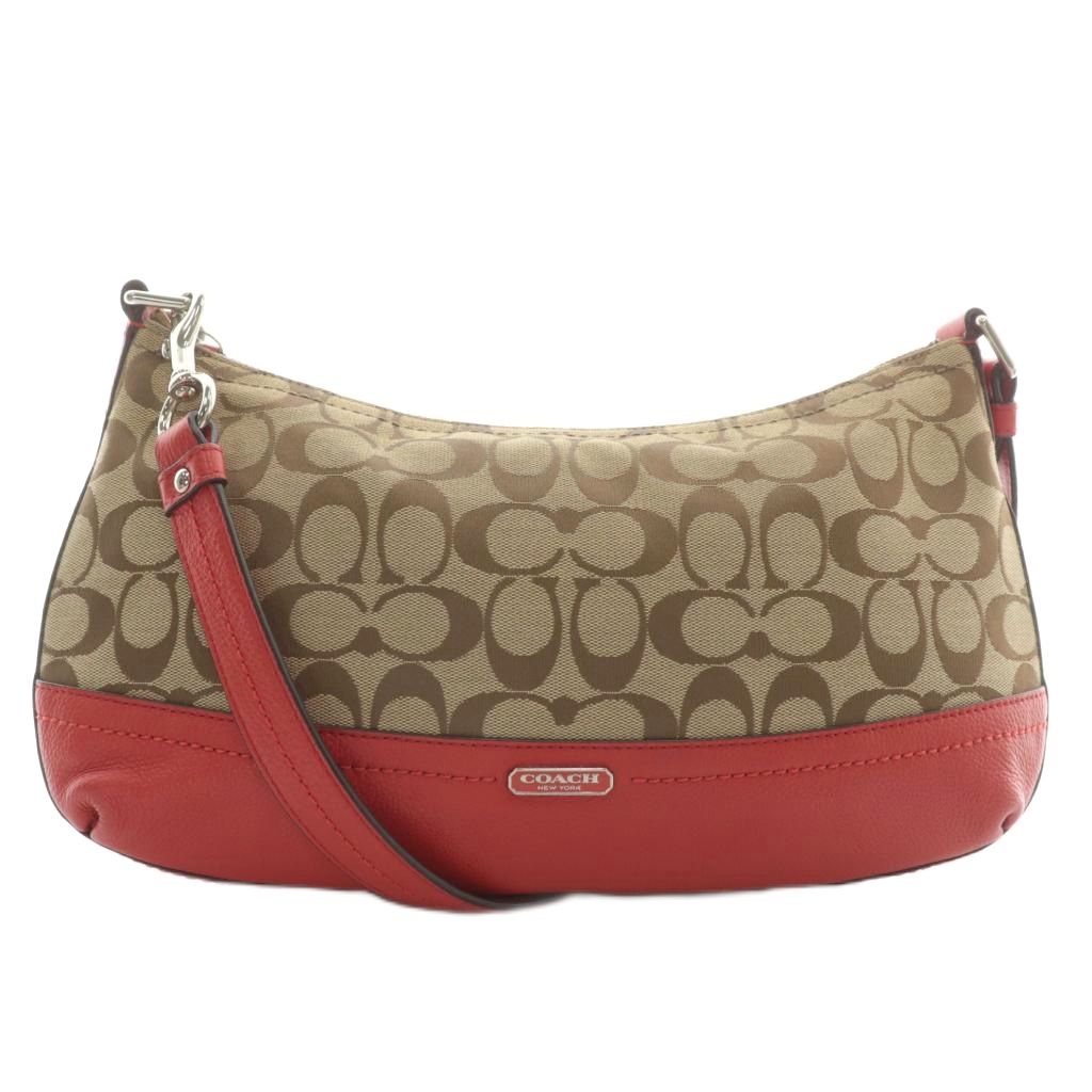 【中古】コーチ COACH ショルダーバッグ キャンバス レザー シグネチャー 総柄 ロゴ 茶色 ブラウン 赤 レッド F24028 コーチ COACH ショルダーバッグ キャンバス レザー シグネチャー 総柄
