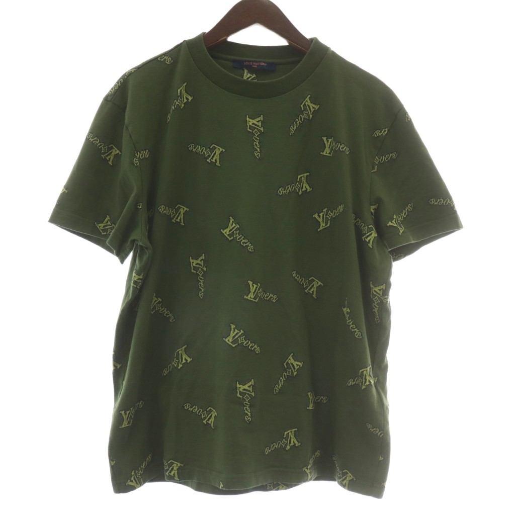 【中古】ルイヴィトン 25SS LV Vers ジャカード コットン Tシャツ カットソー 半袖 クルーネック 刺繍 総柄 L 緑 ルイヴィトン LOUIS VUITTON 25SS LV Vers ジャカード コットン T