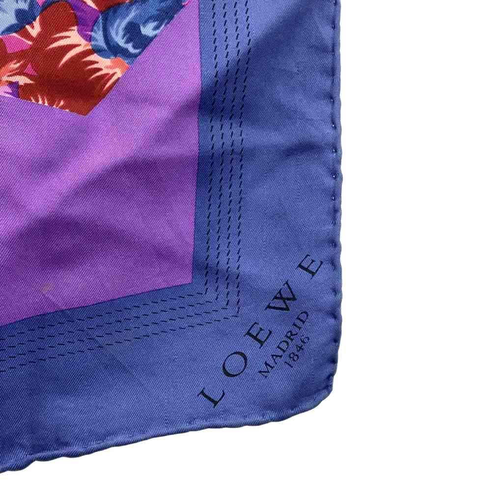 ロエベ LOEWE スカーフ 大判 絹 シルク 花柄 総柄 ロゴ 紫 パープル 紺