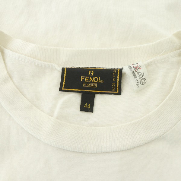 FENDI 半袖Tシャツ 44 ホワイト チェッカー ろご フェンディ FENDI Tシャツ 半袖 刺繍ロゴ クルーネック 44 白