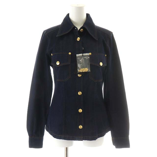 未使用品 グッチ GUCCI デニムシャツ 長袖 コットン 金ボタン 38 S 紺 
