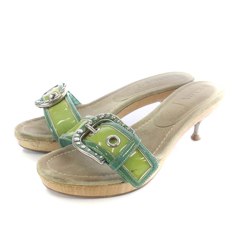 プラダ PRADA ミュール サンダル シューズ ヒール 38.5 25.5cm 黄緑 緑 