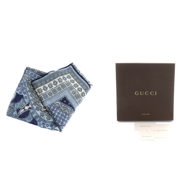 グッチ GUCCI スカーフ 小 ペイズリー柄 総柄 コットン 青