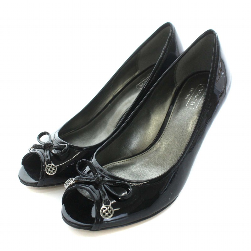 コーチ COACH オープントゥ パンプス チャンキーヒール リボン ロゴ 