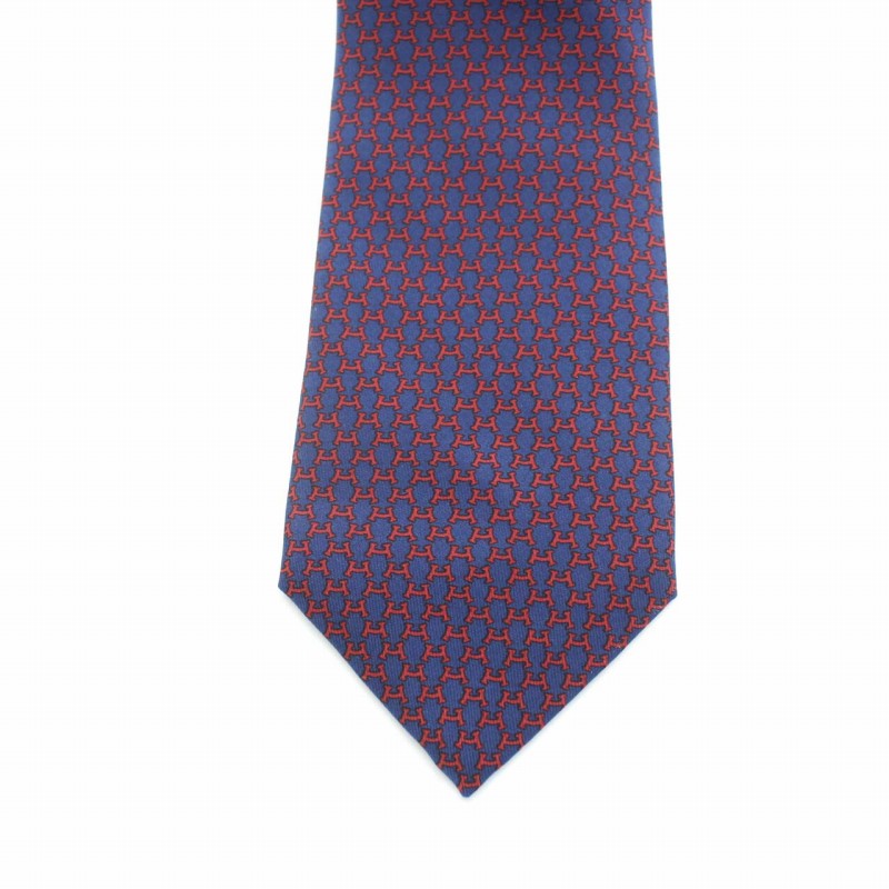 エルメス HERMES 総柄 ネクタイ フランス製 シルク 絹 紺 ネイビー 赤