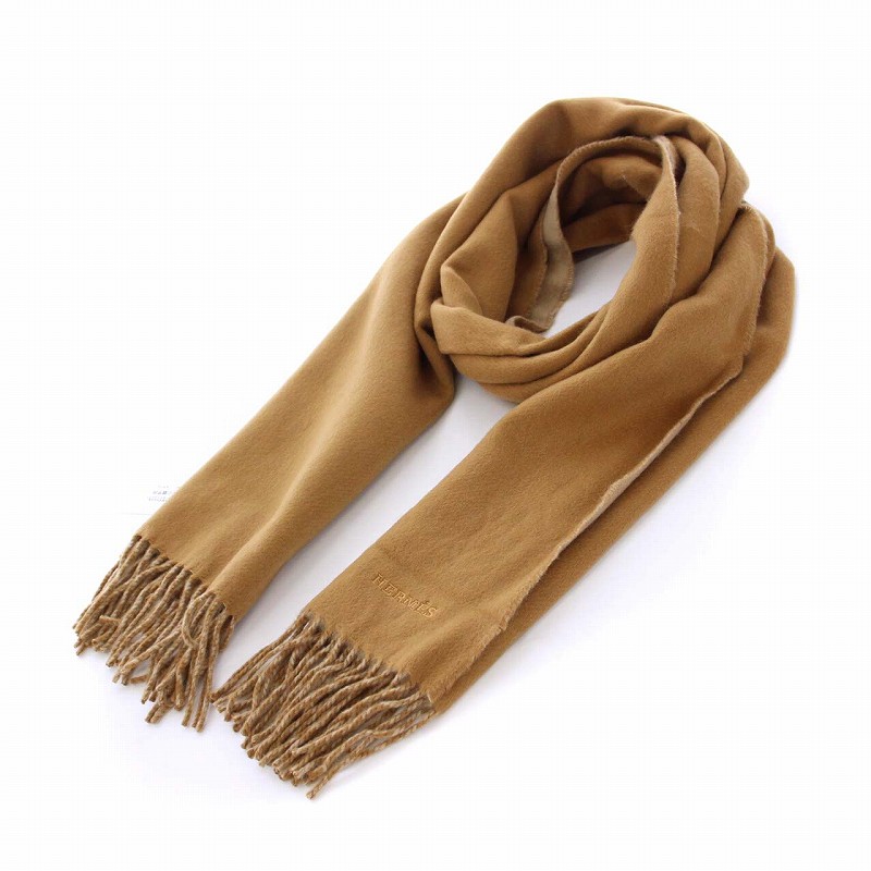未使用品 エルメス HERMES カシミヤ100％ マフラー フリンジ ロゴ刺繍  