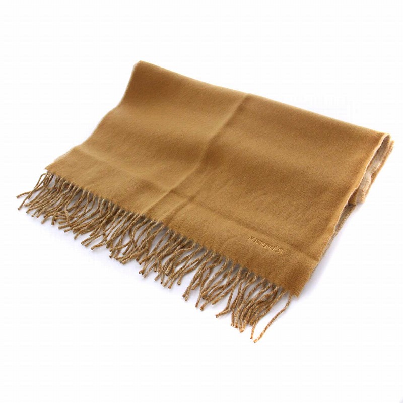 未使用品 エルメス HERMES カシミヤ100％ マフラー フリンジ ロゴ刺繍  