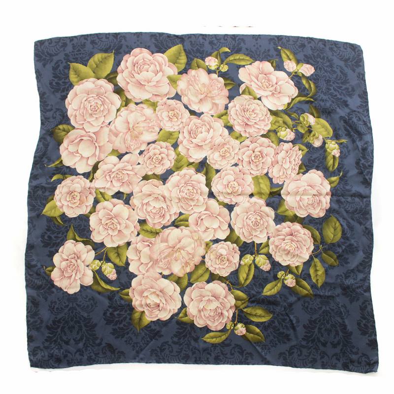 シャネル CHANEL スカーフ 花柄 フラワー カメリア 絹 シルク 青 
