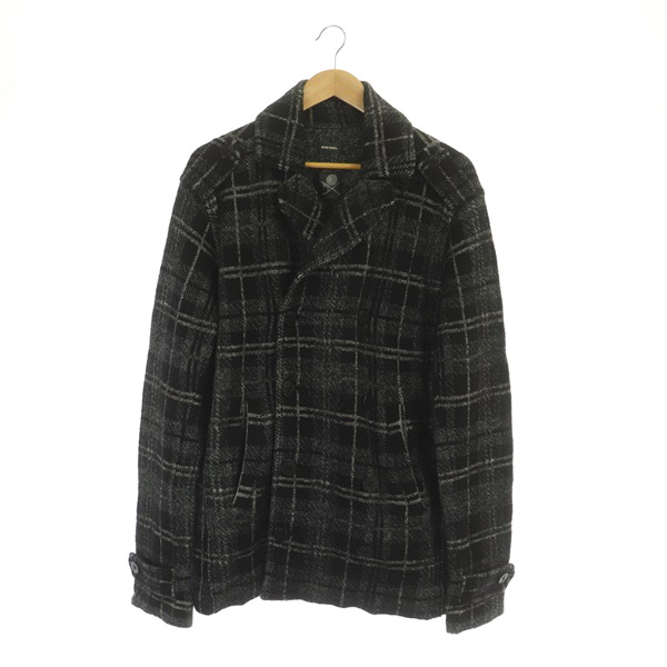 ディーゼル DIESEL ピーコート Pコート チェック ニット ウール混 M 黒 