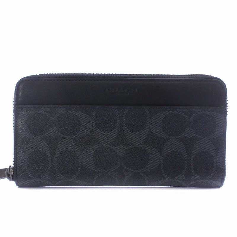 コーチ COACH 長財布 PVC ラウンドジップ シグネチャー柄 ロゴ 紺