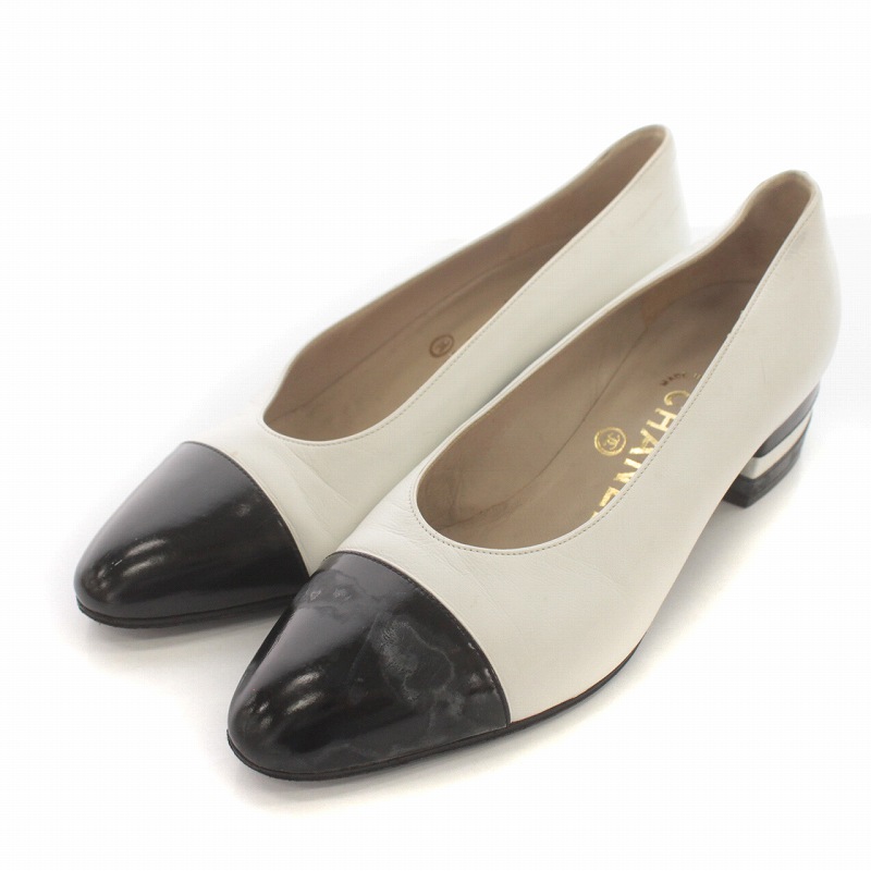 シャネル CHANEL パンプス ヒール バイカラー レザー 35 22.5cm 白 