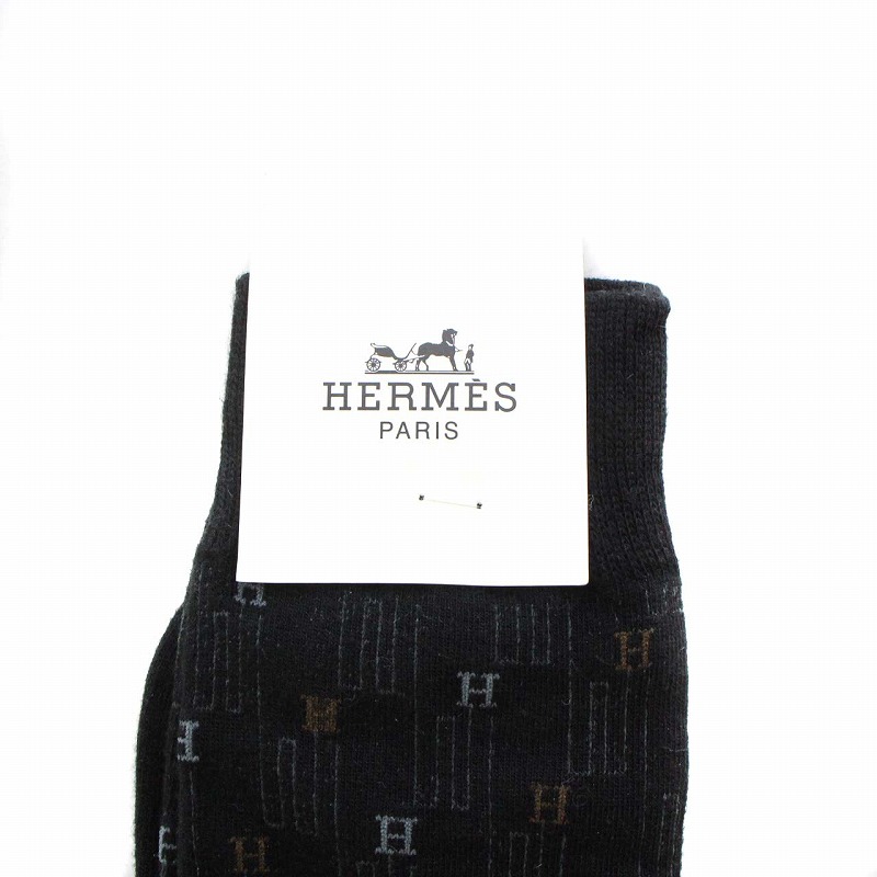 エルメス HERMES 靴下 ソックス Hロゴ 総柄 10-13 25～27cm 黒