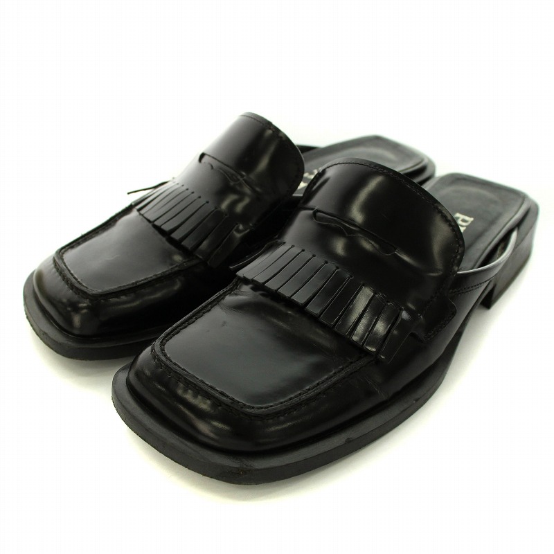プラダ PRADA フリンジ ローファー ミュール スクエアトゥ レザー 35 