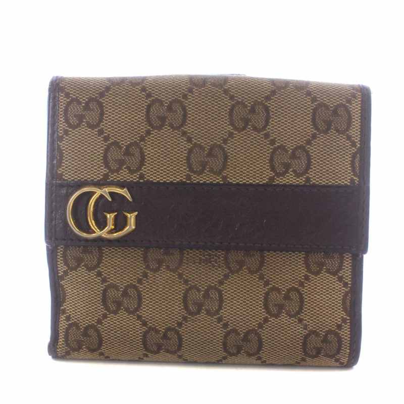 グッチ GUCCI 財布 二つ折り キャンバス レザー GG ロゴ 総柄 ゴールド 
