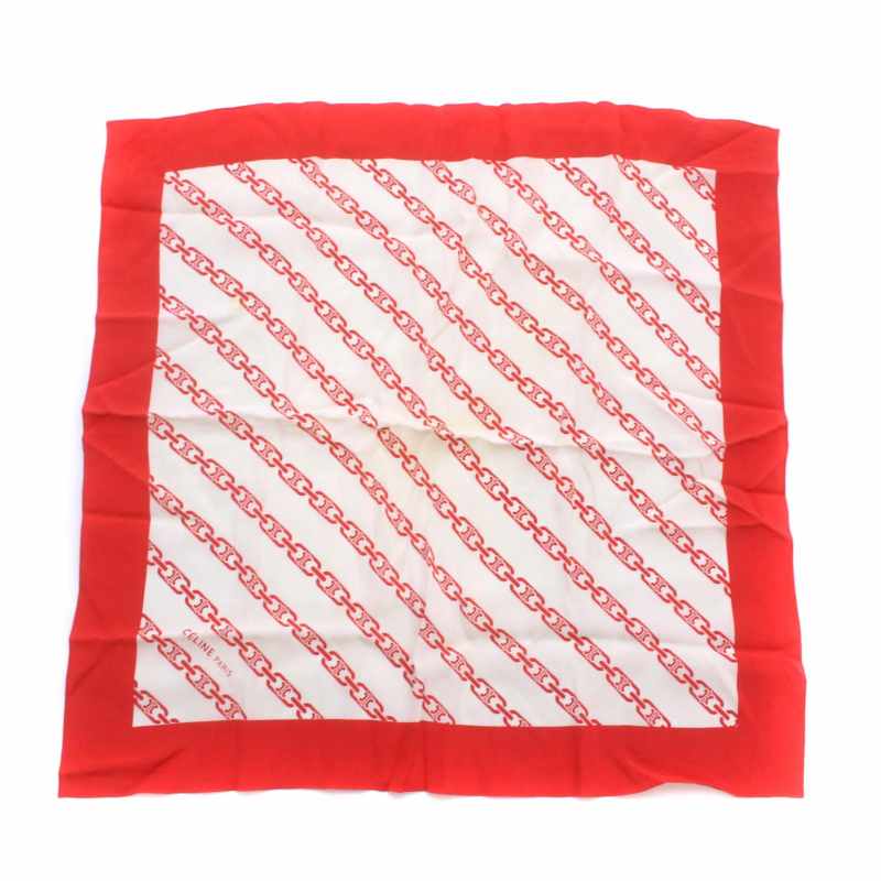 CELINE 赤 シルク スカーフ チェーン柄