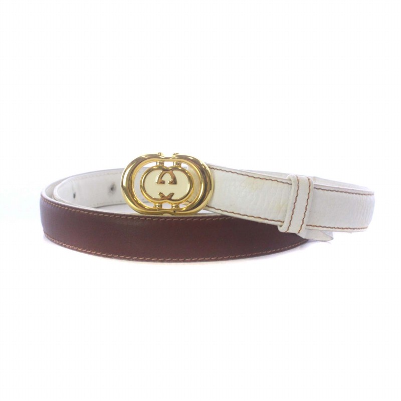 グッチ GUCCI ベルト レザー ロゴバックル ゴールド金具 80/32 白 
