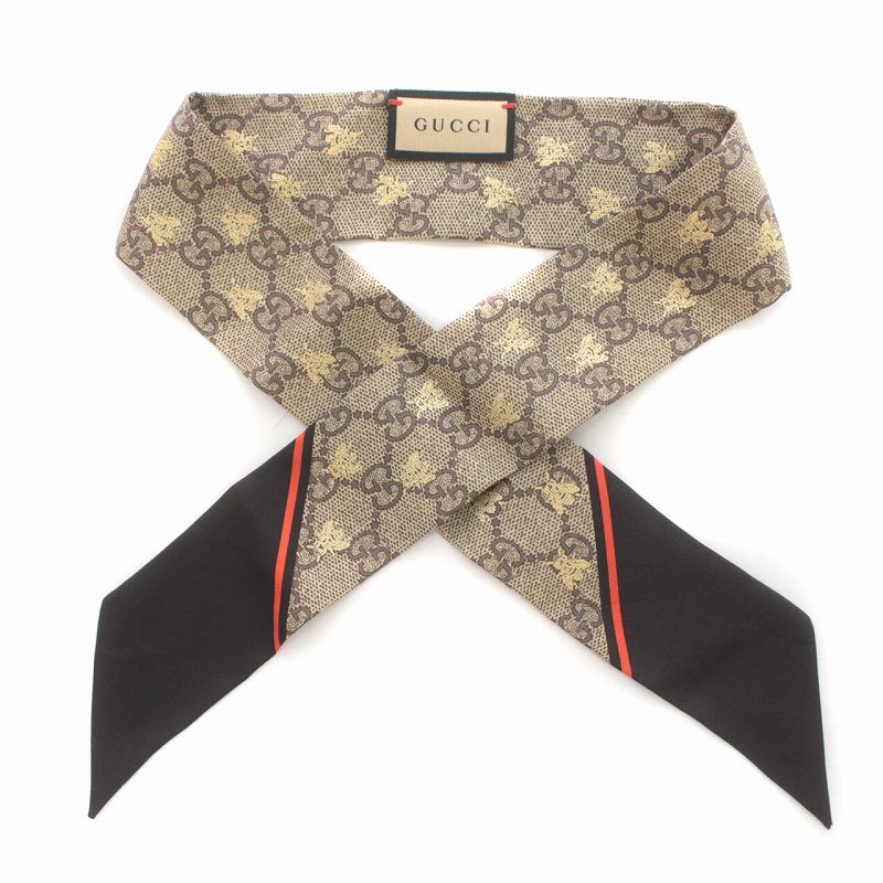 グッチ GUCCI シルクネックボウ ボウタイ スカーフ GG柄 絹 茶 