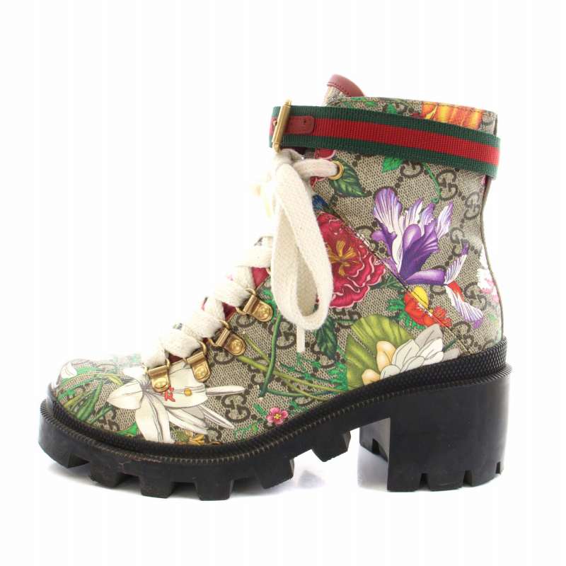 グッチ GUCCI ショートブーツ レザー レースアップ フローラルプリント 