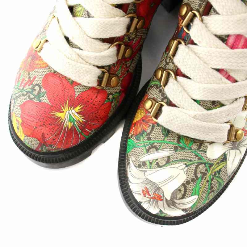 グッチ GUCCI ショートブーツ レザー レースアップ フローラルプリント