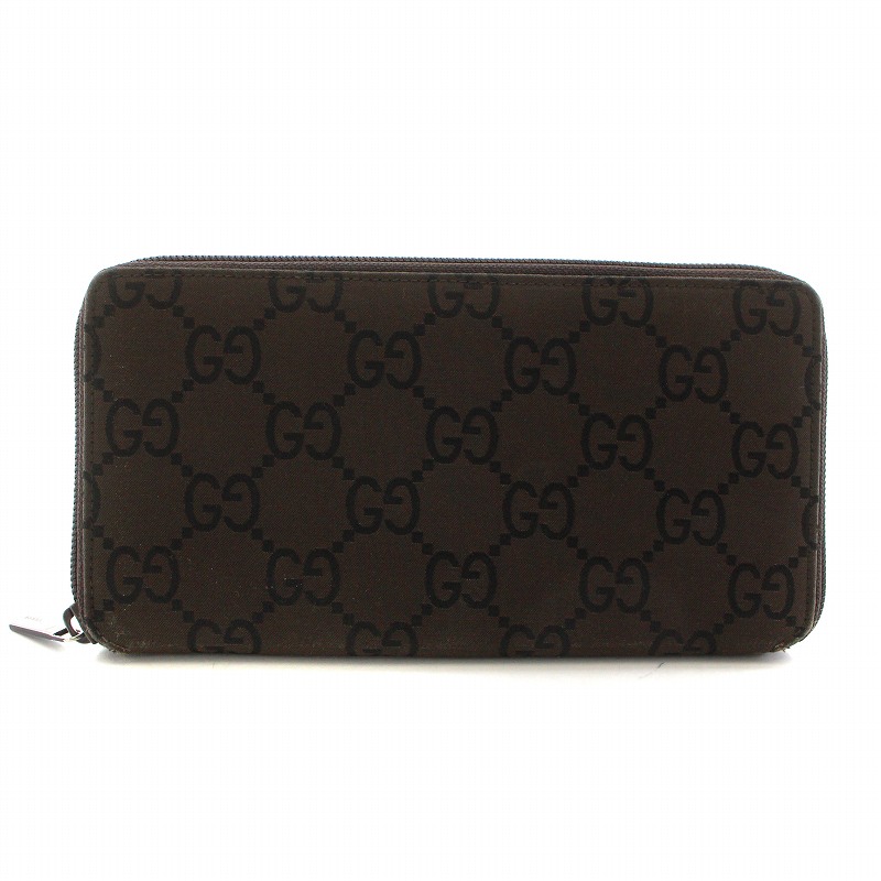 GUCCI 長財布 ラウンドファスナー GG柄 キャンバス ブラウン