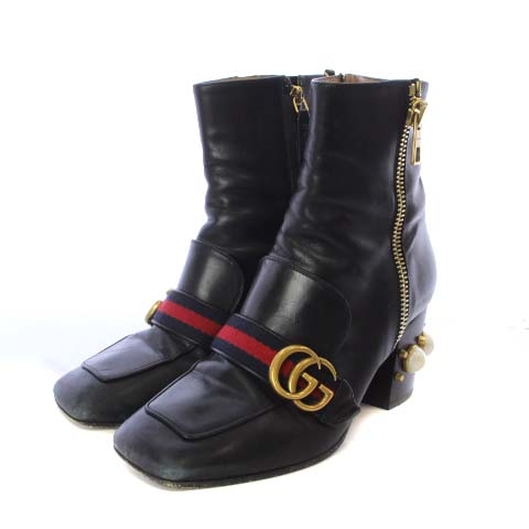 グッチ GUCCI ショートブーツ レザー パール スタッズ スクエアトゥ 