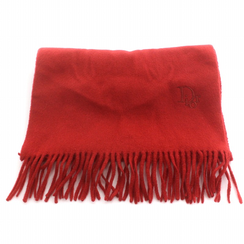 Dior カシミヤ混 ウール ロゴ刺繍 フリンジマフラー ブラウン×レッド ディオール Dior マフラー フリンジ ロゴ刺繍 ウール 赤 レッド /AQ