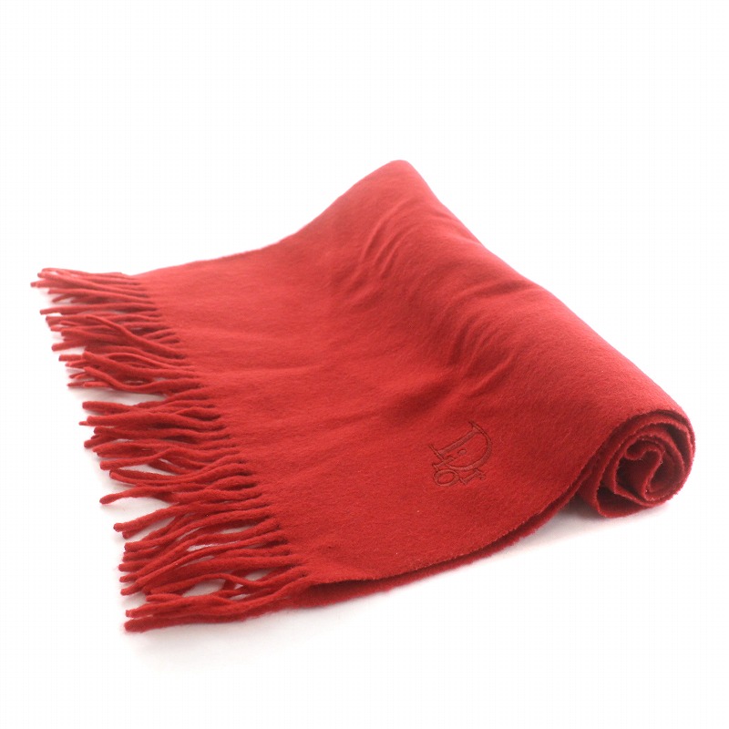ディオール Dior マフラー フリンジ ロゴ刺繍 ウール 赤 レッド /AQ