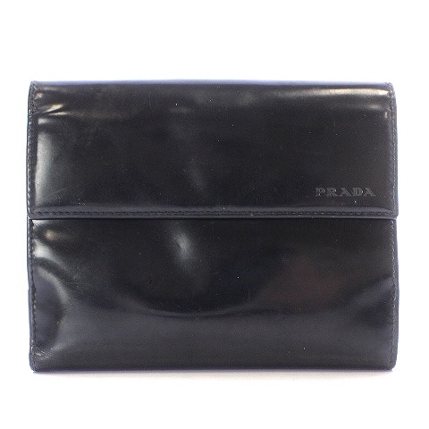 プラダ PRADA 二つ折り財布 レザー エナメル加工 ロゴ 型押し 黒  