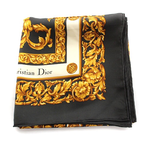 クリスチャンディオール Christian Dior スカーフ 大判 総柄 ゴールド