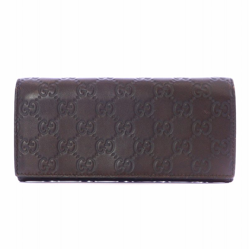 グッチ GUCCI シマ 長財布 二つ折り レザー ロゴ 総柄 型押し 茶 