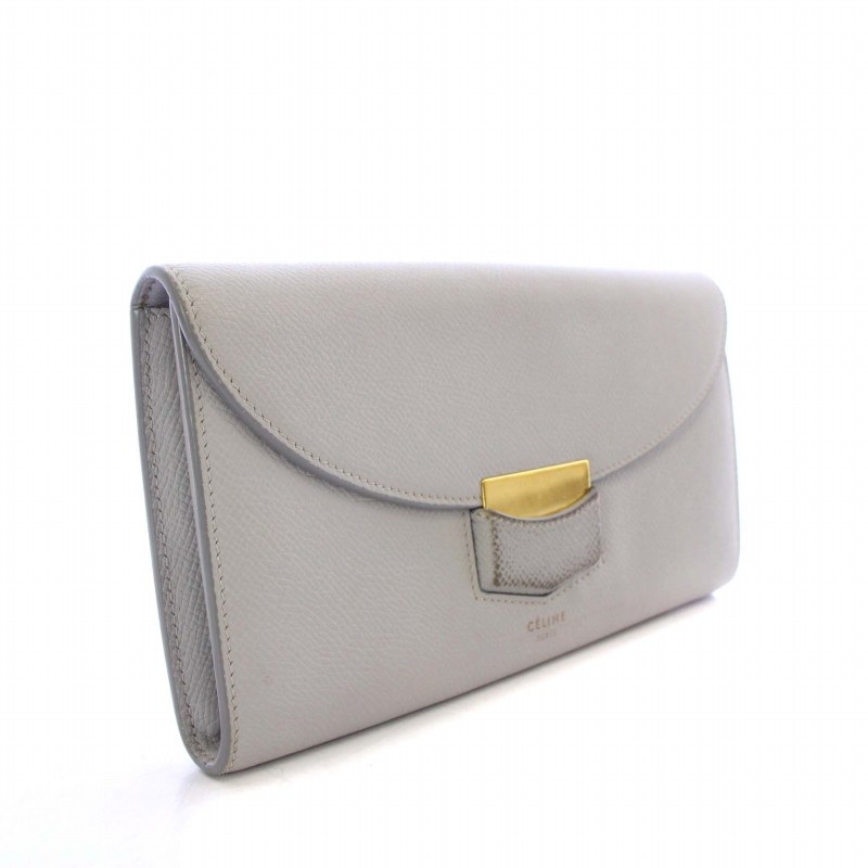 CELINE グレーの二つ折り長財布 金色ロゴ付き