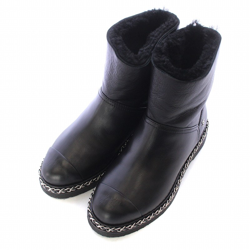 シャネル CHANEL ムートン ショート ブーツ レザー チェーン ココ  