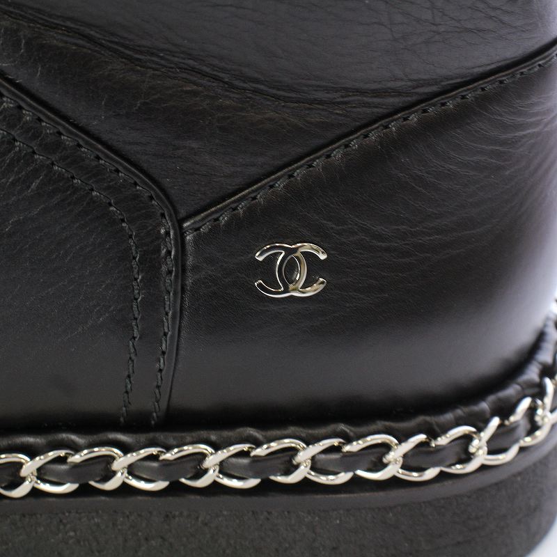 シャネル CHANEL ムートン ショート ブーツ レザー チェーン ココ  