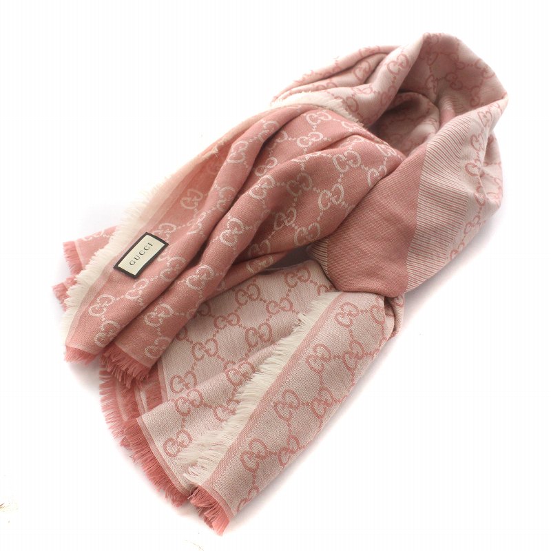 グッチ GUCCI ストール 大判 フリンジ GG柄 ロゴ ウール シルク ピンク  