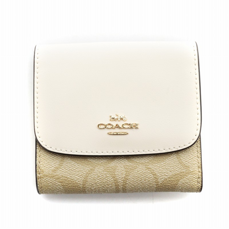 COACH ベージュ 三つ折り財布 COACH ベージュレザー三つ折り財布