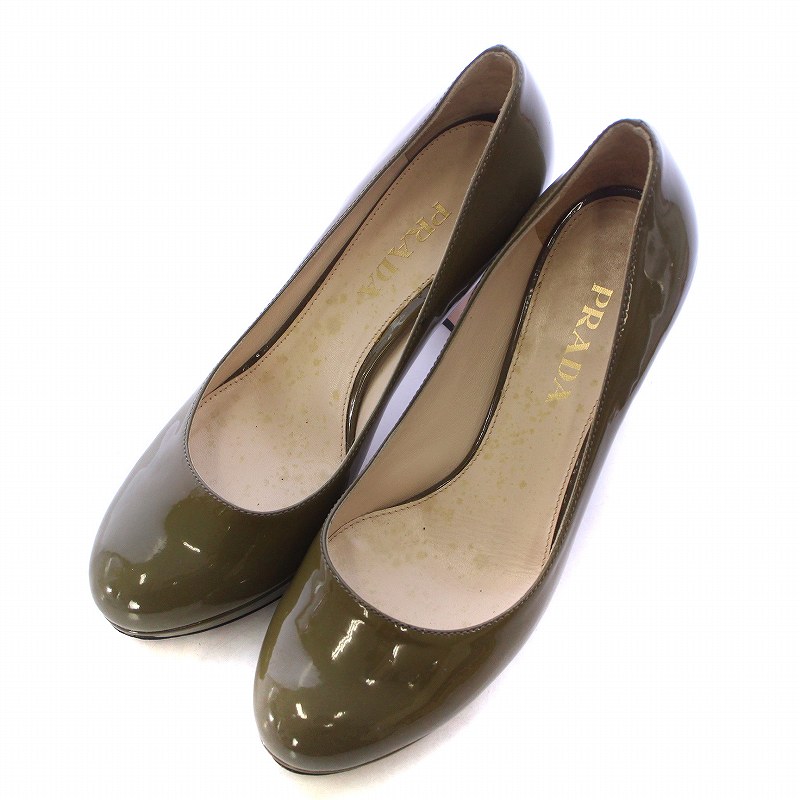 プラダ PRADA パンプス ラウンドトゥ チャンキー ハイヒール エナメル 